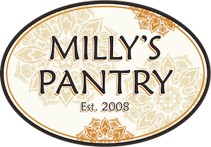 Oval logo with the words "Milly's Pantry Est. 2008" over a background of stylized flowers in brown and beige.
